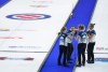 Nova Scotia third Jennifer Baxter, from left to right, skip Christina Black, second Karlee Everist and lead Shelley Barker come together before the start of the seventh end during their playoff match against Team Canada at the Scotties Tournament of Hearts, in Kamloops, B.C., Saturday, Feb. 25, 2023. THE CANADIAN PRESS/Darryl Dyck