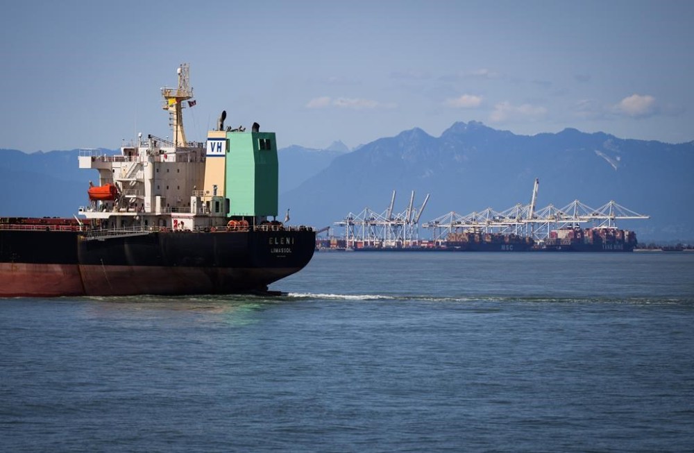 Police in Delta, B.C., say demonstrators have disrupted access to a major Metro Vancouver container port terminal in what protesters are calling an action against Israel. Gantry cranes and cargo container ships are seen at Global Container Terminals' Deltaport, back right, as the bulk carrier vessel passes by in Tsawwassen, B.C. on July 11. THE CANADIAN PRESS/Darryl Dyck