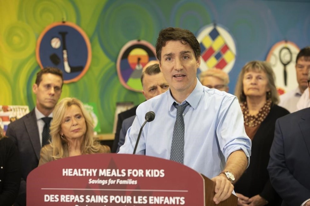 Prime Minister Justin Trudeau speaks at an event where it was announced that Prince Edward Island has signed on to the Federal School food program, in Mount Stewart, P.E.I., Friday, Nov. 29, 2024. THE CANADIAN PRESS/Ron Ward