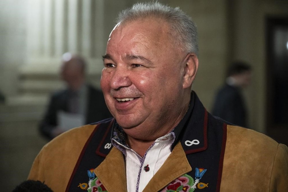 President of the Manitoba Metis Federation David Chartrand speaks to media at the Manitoba Legislative Building in Winnipeg, Tuesday, Nov. 21, 2023. Chartrand told a ceremony for a new treaty that recognizes his organization as the government for the Red River Metis that the moment was 154 years in the making. THE CANADIAN PRESS/Aaron Vincent Elkaim