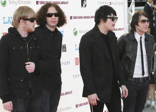 FILE - Members of the band My Chemical Romance arrive for the MTV Video Music Awards Japan 2007 ceremony in Saitama city, near Tokyo, on May 26, 2007. (AP Photo/Koji Sasahara, file)