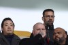New Leicester City manager Ruud van Nistelrooy with chairman Aiyawatt Srivaddhanaprabha in the stands to watch the English Premier League soccer match between Brentford and Leicester City at the Gtech Community Stadium, in Brentford, England, Saturday, Nov. 30, 2024. (Steven Paston/PA via AP)