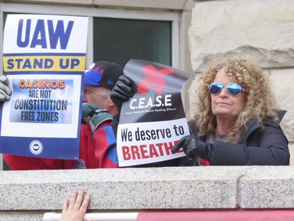 Casino workers in favor of banning smoking in Atlantic City demonstrate outside a courthouse in Trenton,N.J. on April 5, 2024 after filing a lawsuit seeking to force a smoking ban. (AP Photo/Wayne Parry)