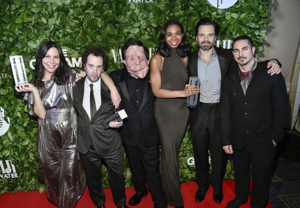 From left, Vanessa McDonnell, Aaron Schimberg, Adam Pearson, Gabriel Mayers, Sebastian Stan and Mike Marino pose with the best feature award for