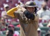 FILE - San Diego Padres' Kyle Higashioka bats during the seventh inning of a baseball game against the St. Louis Cardinals, Aug. 29, 2024, in St. Louis. (AP Photo/Jeff Roberson, File)