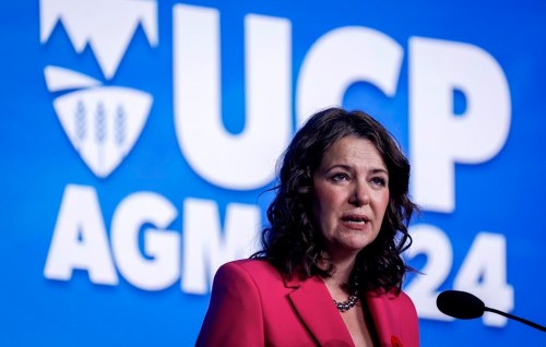 United Conservative Party Leader Danielle Smith addresses party members at their annual meeting in Red Deer, Alta., Saturday, Nov. 2, 2024. THE CANADIAN PRESS/Jeff McIntosh
