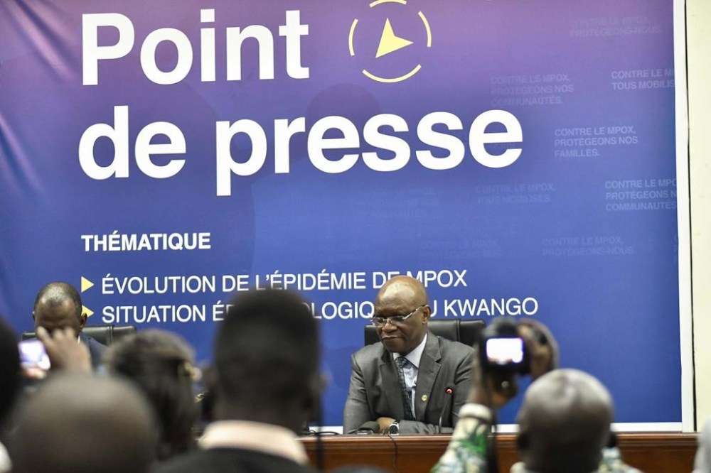 Congo's Health Minister Roger Kamba speaks, during a press conference, in Congo, Kinshasa, Thursday, Nov 5, 2024. (AP Photo/Samy Ntumba Shambuyi)