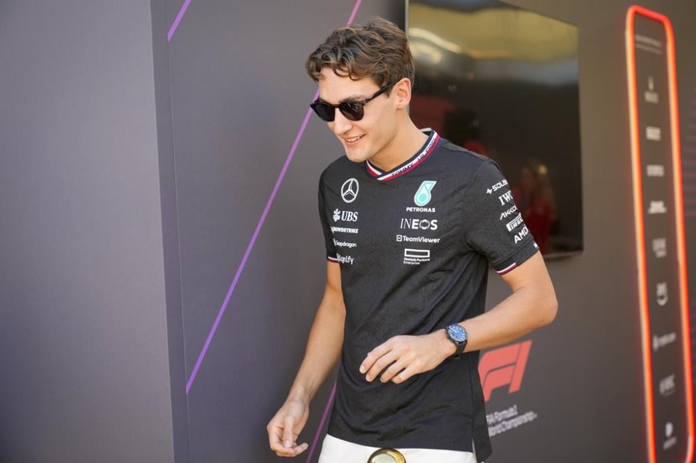 Mercedes driver George Russell of Britain is in paddock ahead of the Formula One Abu Dhabi Grand Prix, at the Yas Marina Circuit in Abu Dhabi, UAE, Thursday, Dec. 5, 2024. (AP Photo/Darko Bandic)