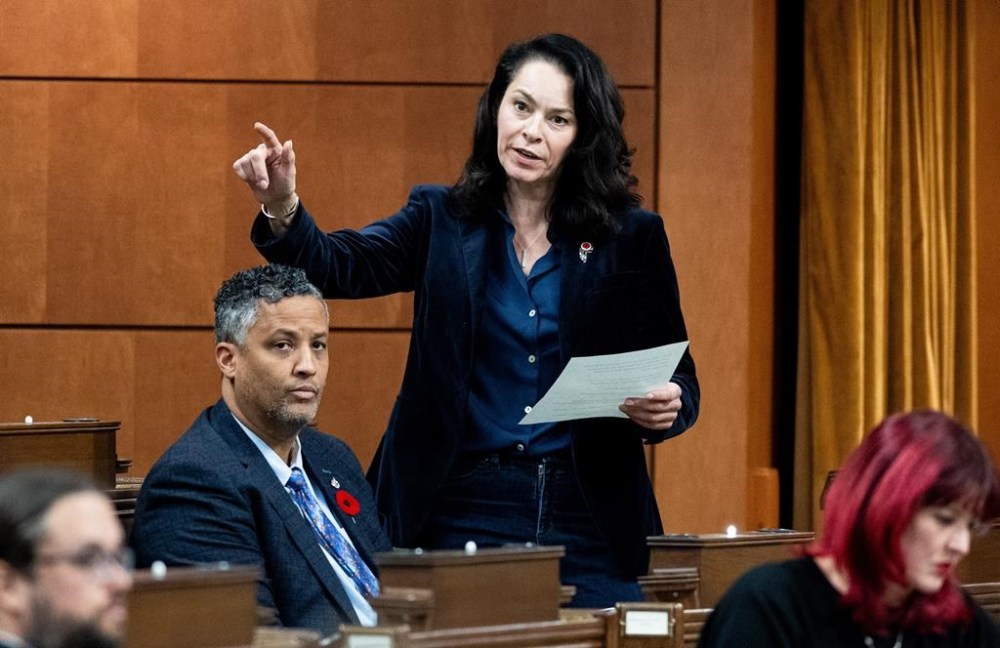 NDP MP Heather McPherson rises during Question Period in the House of Commons on Parliament Hill in Ottawa, Friday, Nov. 8, 2024. THE CANADIAN PRESS/Spencer Colby
