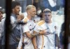 Los Angeles Galaxy's Gabriel Pec, right, celebrates with teammate Marco Reus, center, after scoring during the first half of an MLS Semifinal Conference playoff soccer match against Minnesota United, Sunday, Nov. 24, 2024, in Los Angeles. (AP Photo/Etienne Laurent)