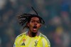 Juventus' Samuel Mbangula celebrates after scoring during the Italian Serie A soccer match between Juventus and Bologna at the Allianz Stadium in Turin, Italy, Saturday, Dec. 7, 2024. (Spada/LaPresse via AP)