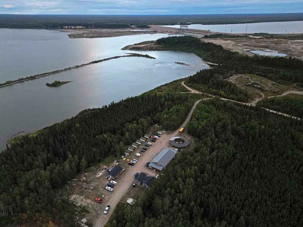 The Kitaskeenan Kaweekanawaynichikatek Fox Lake Cree Nation Culture Camp is situated in forest close to where the Limestone River flows into the Nelson River, just downstream from the Limestone Generating Station. (Tim Smith / The Narwhal)