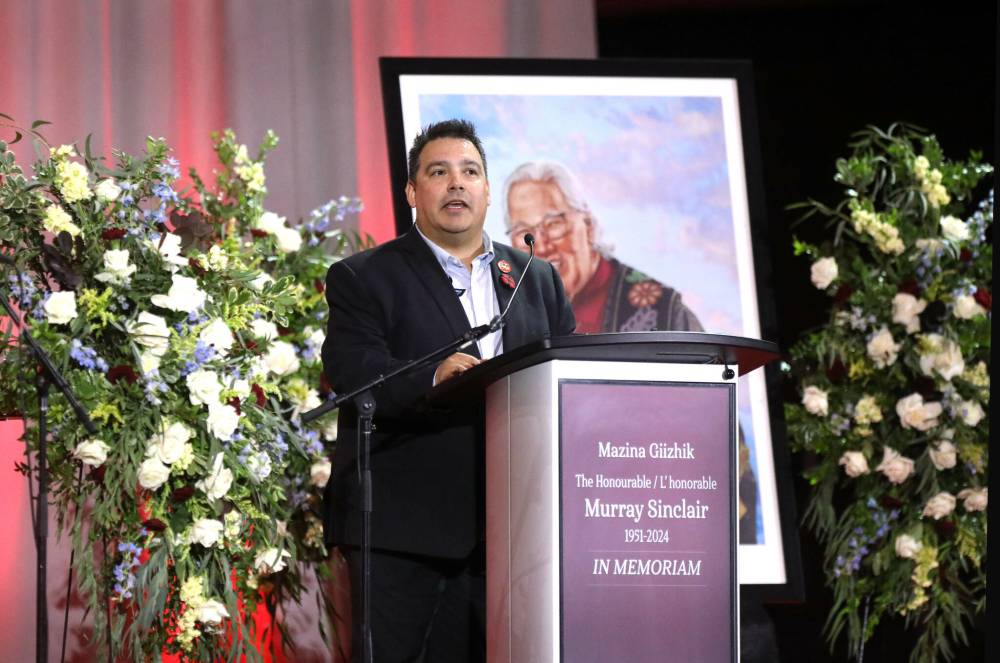 RUTH BONNEVILLE / FREE PRESS
                                Murray Sinclair’s son Niigaan Sinclair speaks proudly of his father’s legacy at a commemorative service on Nov. 10. A crucial part of that legacy is work we have yet to do.