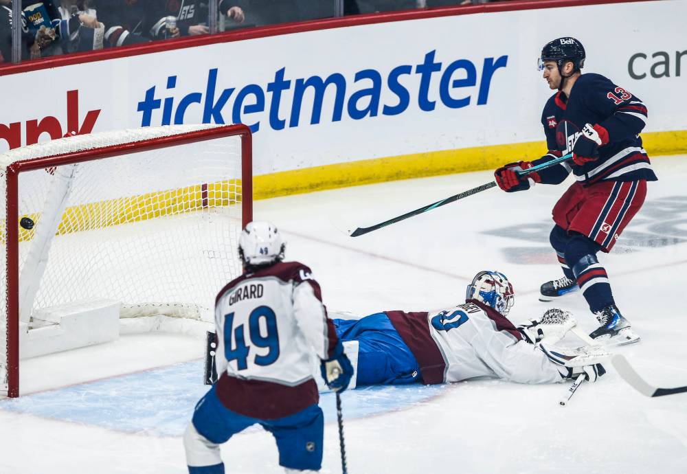 John Woods / THE CANADIAN PRESS
Winnipeg Jets’ Gabriel Vilardi scores the game’s only goal on Colorado Avalanche goaltender Alexandar Georgiev during the first period in Winnipeg on Thursday.
