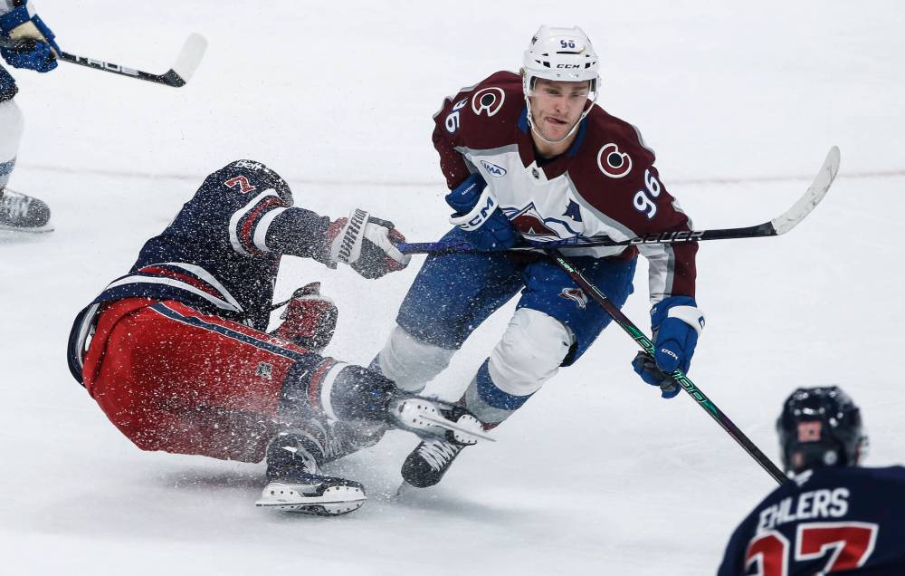 John Woods / THE CANADIAN PRESS
Winnipeg Jets’ Vladislav Namestnikov and Colorado Avalanche’s Mikko Rantanen collide during the first period.