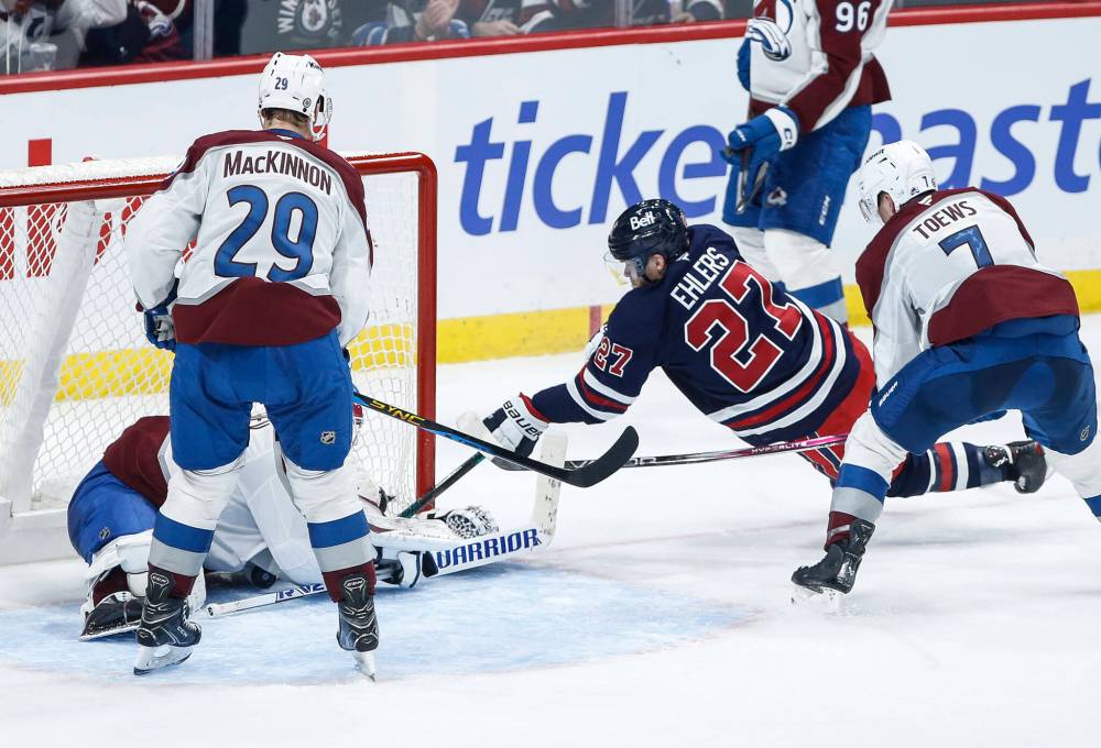 JOHN WOODS / THE CANADIAN PRESS
Winnipeg Jets’ Nikolaj Ehlers was shuffled to the top line during Thursday night’s match-up against the Colorado Avalanche at the Canada Life Centre.