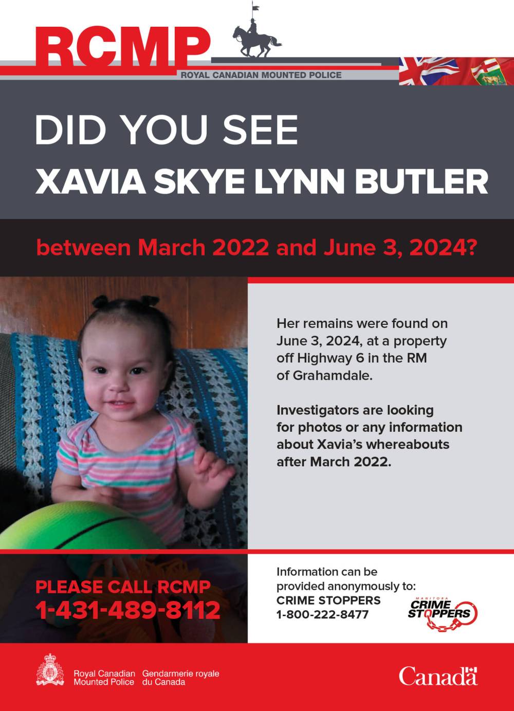 An RCMP flyer calls for information on Xavia Skye Lynn Butler (Handout)