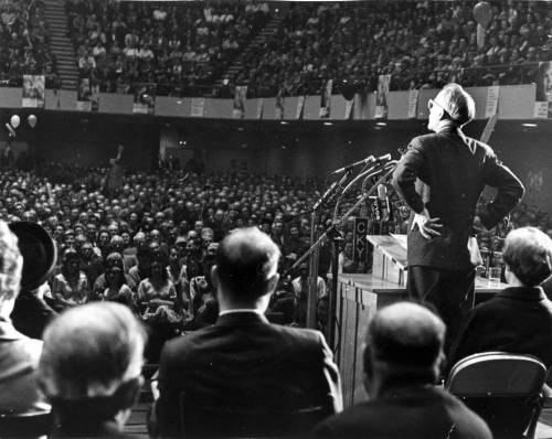 Free Press files
                                In this 1965 photo, Tommy Douglas gives a speech at the Winnipeg Auditorium, which is now home to the provincial archives.