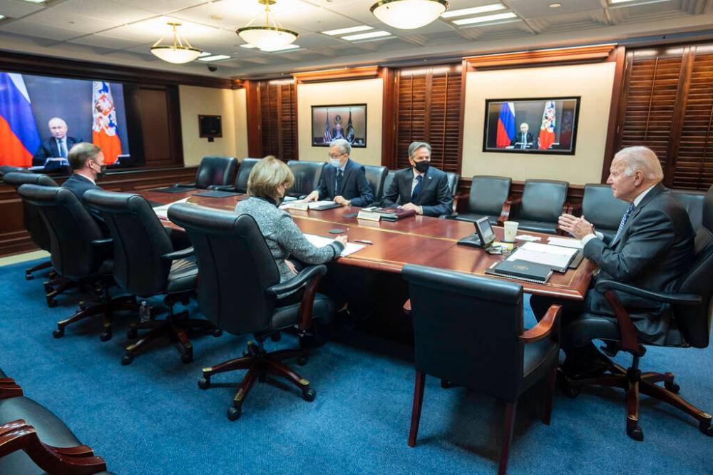 Adam Schultz / The White House
In this 2021 photo, U.S. President Joe Biden (right) speaks with Russian President Vladimir Putin by video conference.