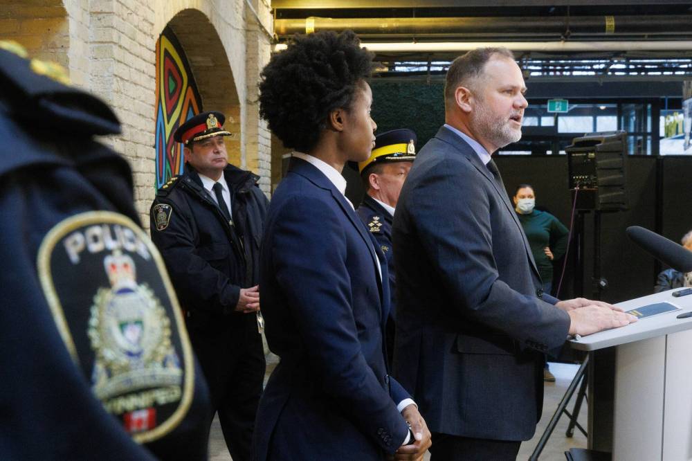 MIKE DEAL / FREE PRESS
Justice minister Matt Wiebe announces the public safety strategy at a news conference Thursday alongside Health Minister Uzoma Asagwara.