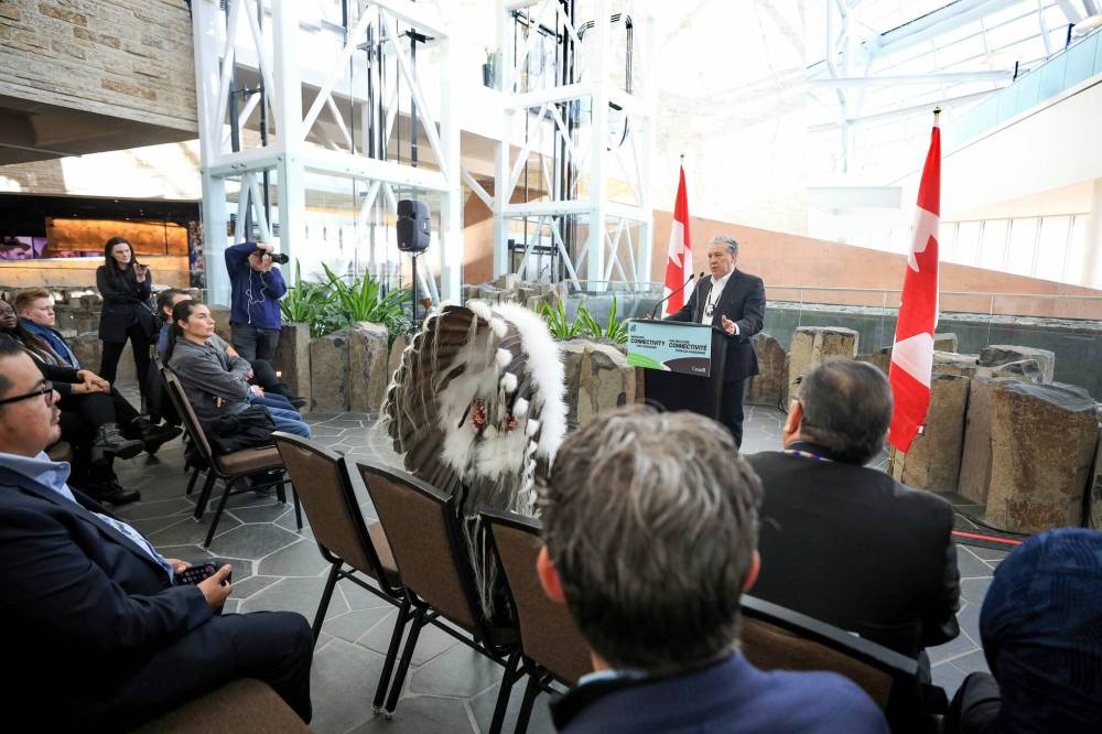 RUTH BONNEVILLE / FREE PRESS 
                                Liberal MP Dan Vandal makes an announcement Friday at the Canadian Museum for Human Rights in Winnipeg about improving high-speed internet access in rural Manitoba.