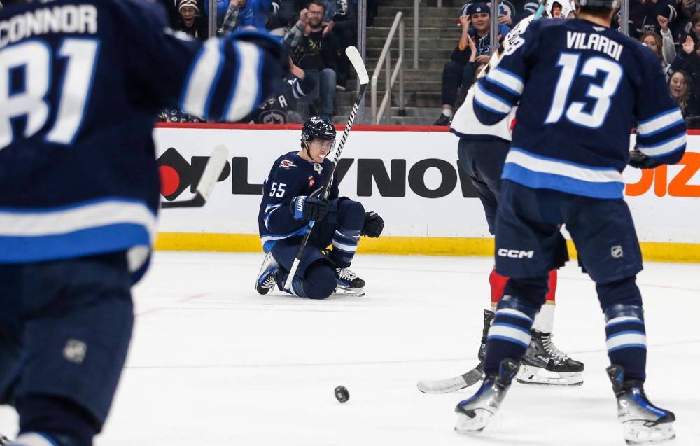 THE CANADIAN PRESS/Fred Greenslade
Winnipeg Jets' Mark Scheifele celebrates a goal in the second period of the Jets' 6-3 win over the Florida Panthers in Winnipeg, Tuesday.