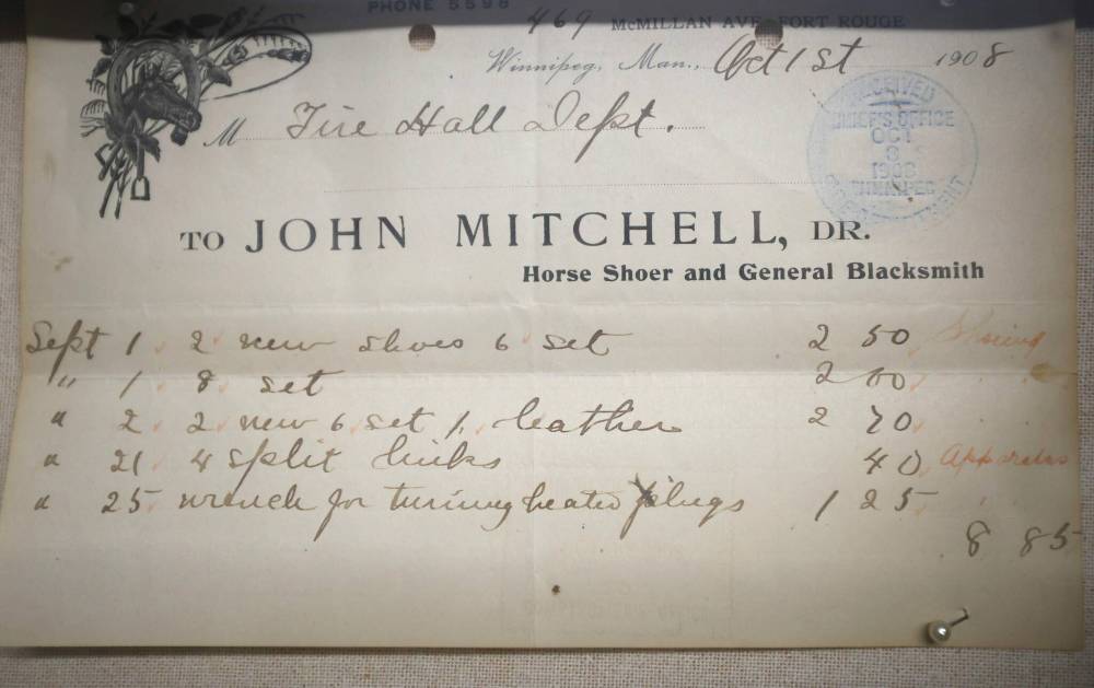RUTH BONNEVILLE / FREE PRESS
This invoice from 1908 is for work the company did shoeing horses for Winnipeg’s fire department. The bill was $8.85.