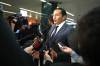 Premier Wab Kinew speaks with the media after giving his premier&rsquo;s address at the Association of Manitoba Municipalities (AMM) fall convention at RBC Convention Centre Monday. (Ruth Bonneville / Free Press)