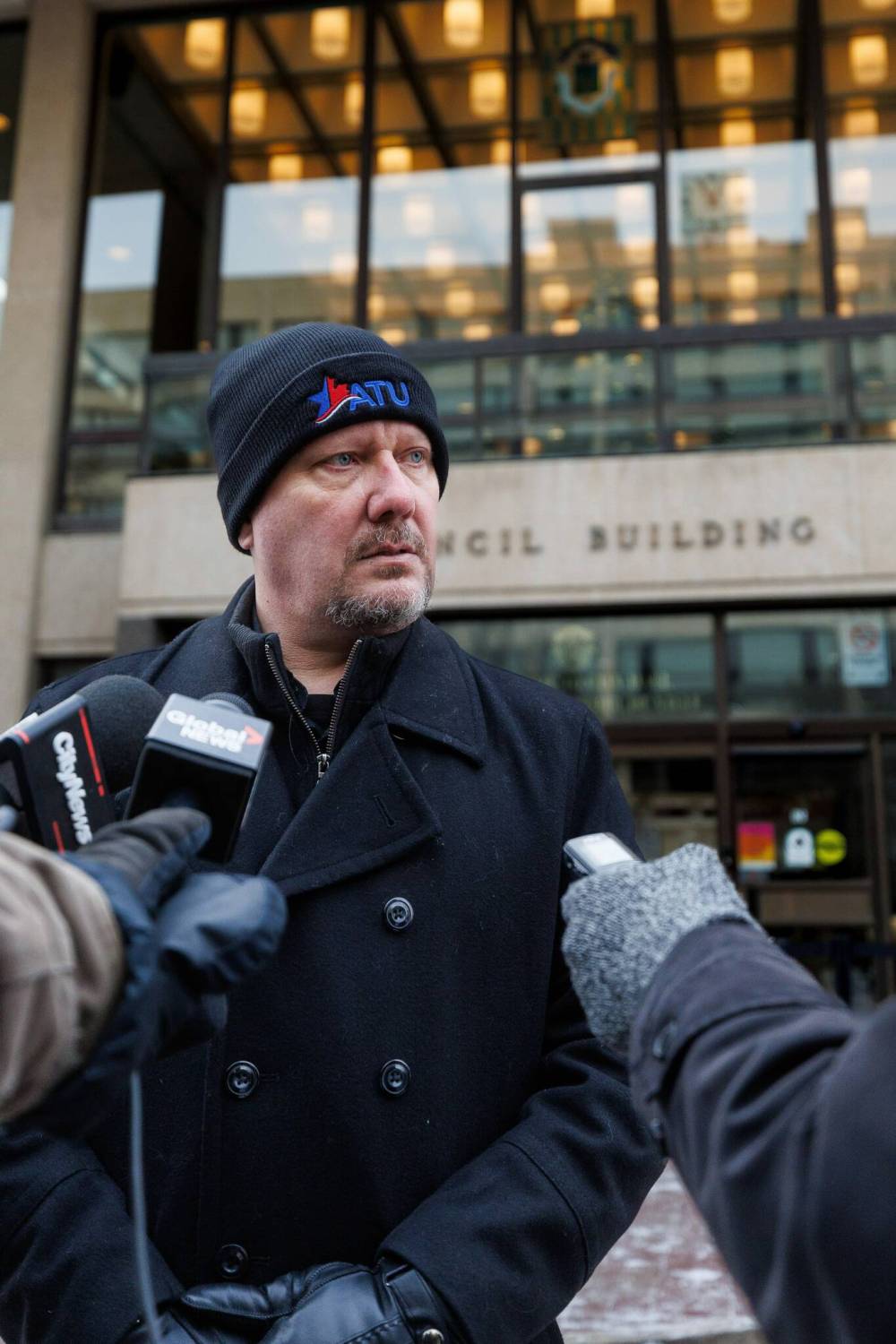 MIKE DEAL / FREE PRESS
ATU local 1505 president Chris Scott speaks during the rally outside City Hall. Transit drivers gathered to call for improved safety measures on the job.