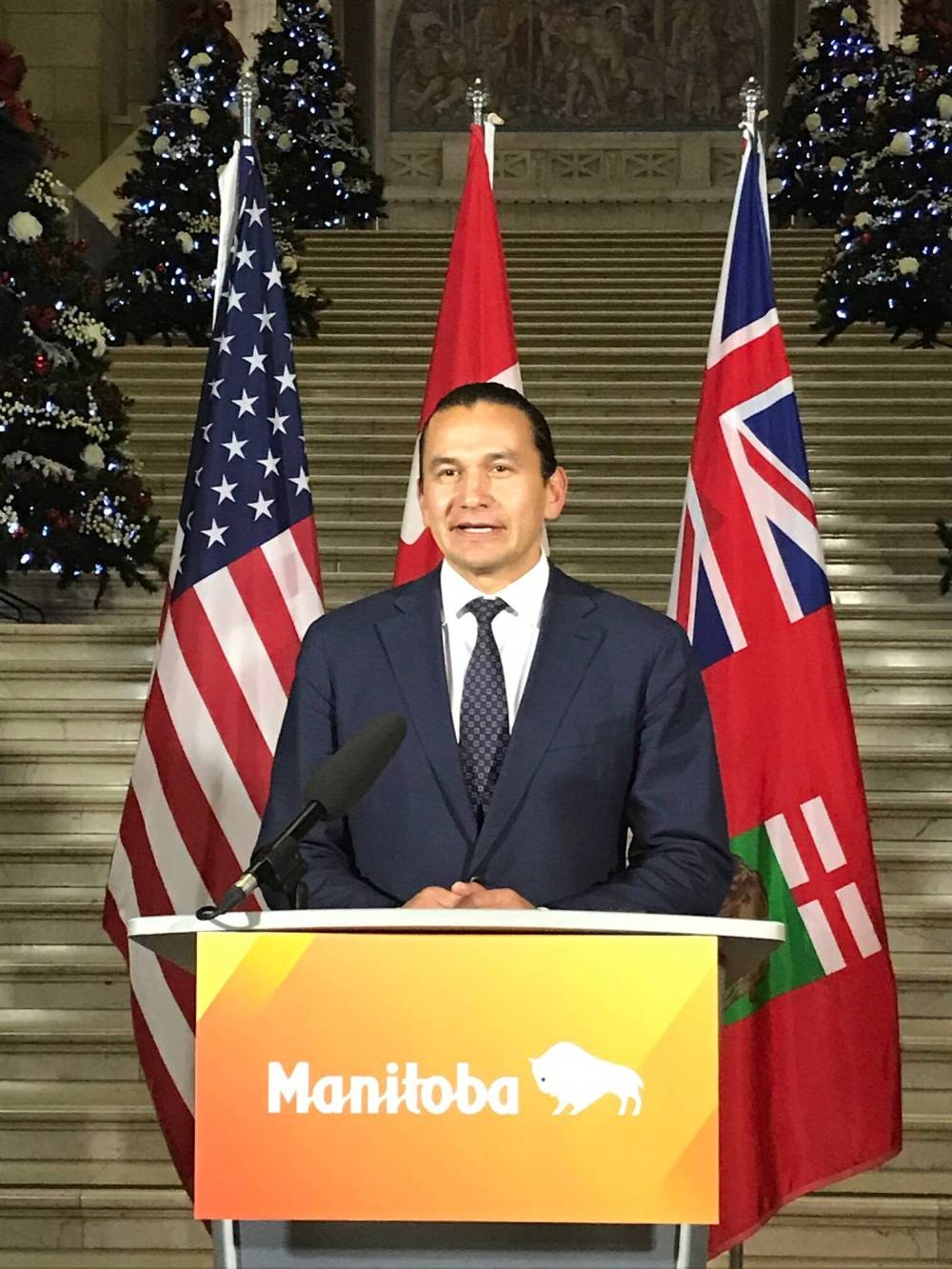 CAROL SANDERS / FREE PRESS
Premier Wab Kinew discusses a tariff threat by incoming U.S. president Donald Trump Wednesday.