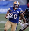 Winnipeg Blue Bombers' Brady Oliveira (20) dodges a tackle by B.C. Lions' Adrian Greene (23) during first half CFL action in Winnipeg Thursday, August 1, 2024.    THE CANADIAN PRESS/John Woods