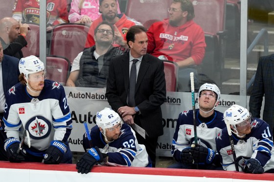 Winnipeg Jets head coach Scott Arniel looks on during the third period of last Saturday's game against the Florida Panthers. (Lynne Sladky/The Associated Press files)