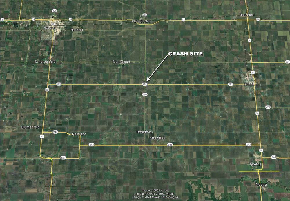 GOOGLE EARTH
The crash happened in the Rural Municipality of Rhineland, at the intersection of provincial roads 201 and 306.