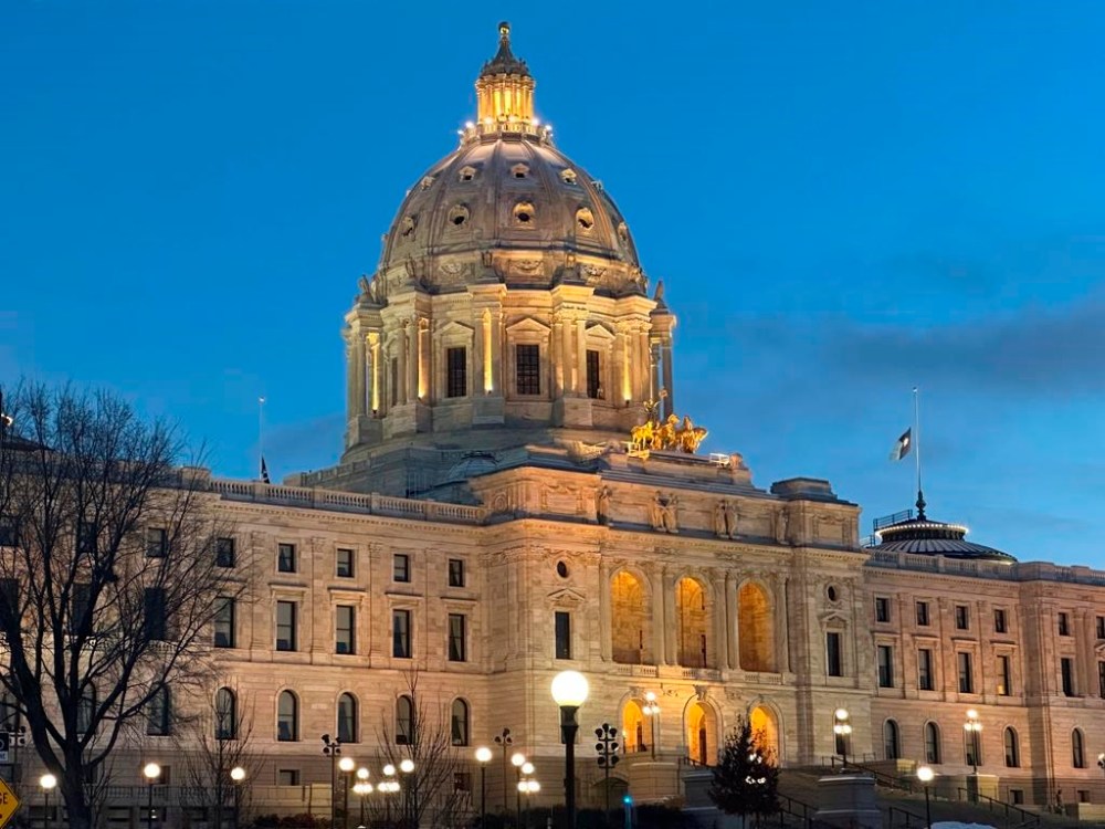 The Minnesota State Capitol in St. Paul, Minn. which contains the state Supreme Court chamber, is shown before sunrise on Tuesday, Dec. 3, 2024. (AP Photo/Steve Karnowski)