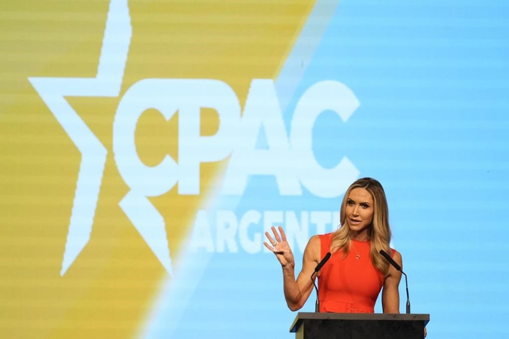 Republican National Committee co-chair Lara Trump talks during the Conservative Political Action Conference or CPAC, in Buenos Aires, Argentina, Wednesday, Dec. 4, 2024. (AP Photo/Natacha Pisarenko)