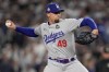 FILE - Los Angeles Dodgers pitcher Blake Treinen throws against the New York Yankees during the sixth inning in Game 5 of the baseball World Series, Oct. 30, 2024, in New York. (AP Photo/Ashley Landis, File)