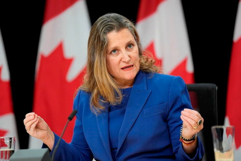 Deputy Prime Minister and Finance Minister Chrystia Freeland speaks with reporters in Ottawa, Tuesday, Dec. 10, 2024. THE CANADIAN PRESS/Adrian Wyld