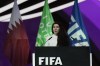 FILE - Norwegian soccer official Lise Klaveness speaks during the FIFA congress at the Doha Exhibition and Convention Center in Doha, Qatar, Thursday, March 31, 2022. (AP Photo/Hassan Ammar, file)