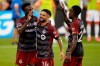 Toronto FC midfielder Derrick Etienne (left) celebrates his goal with teammates Lorenzo Insigne (centre) and Richie Laryea (22) during first half Leagues Cup group stage action against Pachuca, in Toronto, Sunday, Aug. 4, 2024. 
Toronto FC has left designated player Insigne unprotected in the MLS expansion draft, knowing the Italian star's big-ticket salary will likely not appeal to expansion San Diego FC.THE CANADIAN PRESS/Frank Gunn