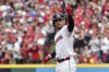 FILE - Cleveland Guardians' Andres Gimenez gestures after hitting a double in the eighth inning during Game 5 of baseball's American League Division Series against the Detroit Tigers, Oct. 12, 2024, in Cleveland. (AP Photo/Phil Long, File)