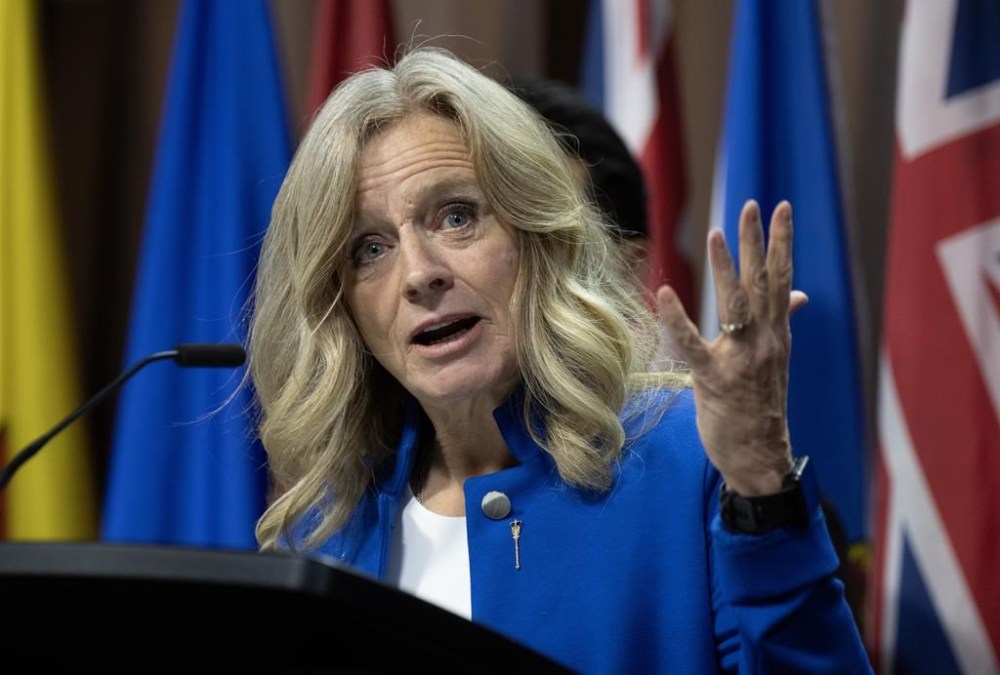 Rachel Notley speaks about proposed changes surrounding transgender youth, Thursday, Feb. 1, 2024, on Parliament Hill in Ottawa. Notley announced on social media that, as of Dec. 30, she is resigning as the legislature representative for Edmonton-Strathcona. THE CANADIAN PRESS/Adrian Wyld