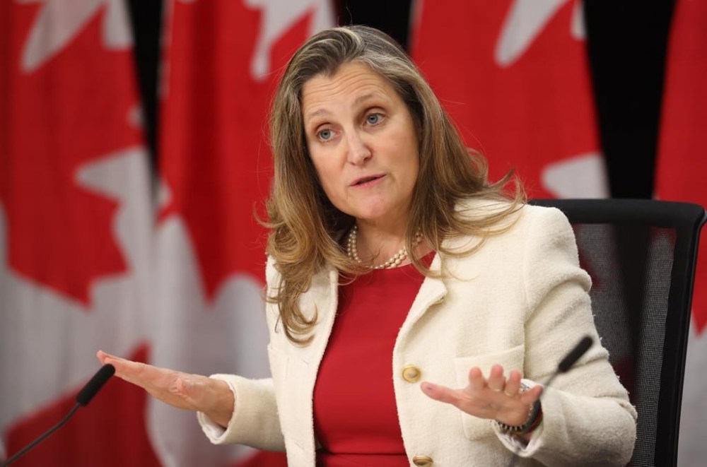 Minister of Finance and Deputy Prime Minister Chrystia Freeland speaks at a press conference in Ottawa on November 19, 2024. THE CANADIAN PRESS/ Patrick Doyle