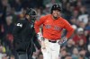 FILE - Boston Red Sox's Enmanuel Valdez reacts after being called out on strikes during the sixth inning of a baseball game against the Minnesota Twins, Sept. 20, 2024, in Boston. (AP Photo/Michael Dwyer, File)