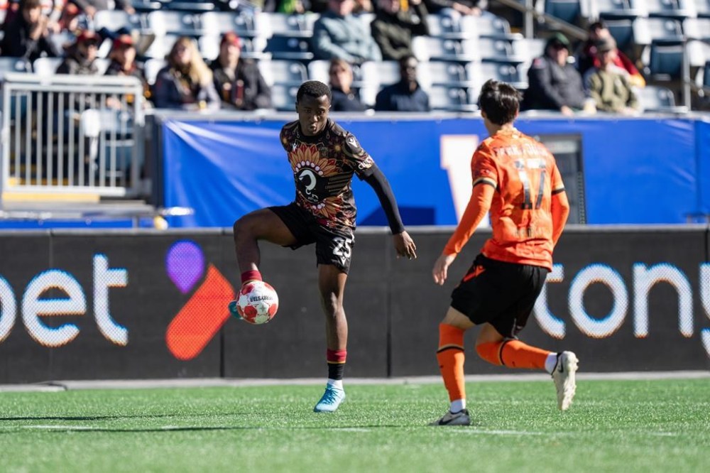 Valour FC's Loic Kwemi (25) is seen in action during Canadian Premier League soccer action against Hamilton Forge in a 2024 handout photo. The 27-year-old from Montreal has been named Canada Soccer Futsal Player of the Year. THE CANADIAN PRESS/HO-Valour FC, Cameron Bartlett, *MANDATORY CREDIT*