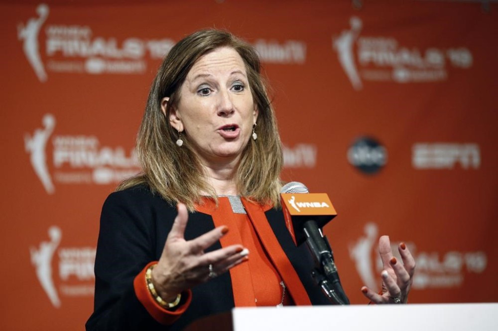 FILE - WNBA Commissioner Cathy Engelbert speaks at a news conference before Game 1 of basketball's WNBA Finals between the Connecticut Sun and the Washington Mystics, on Sept. 29, 2019, in Washington. (AP Photo/Patrick Semansky, File)