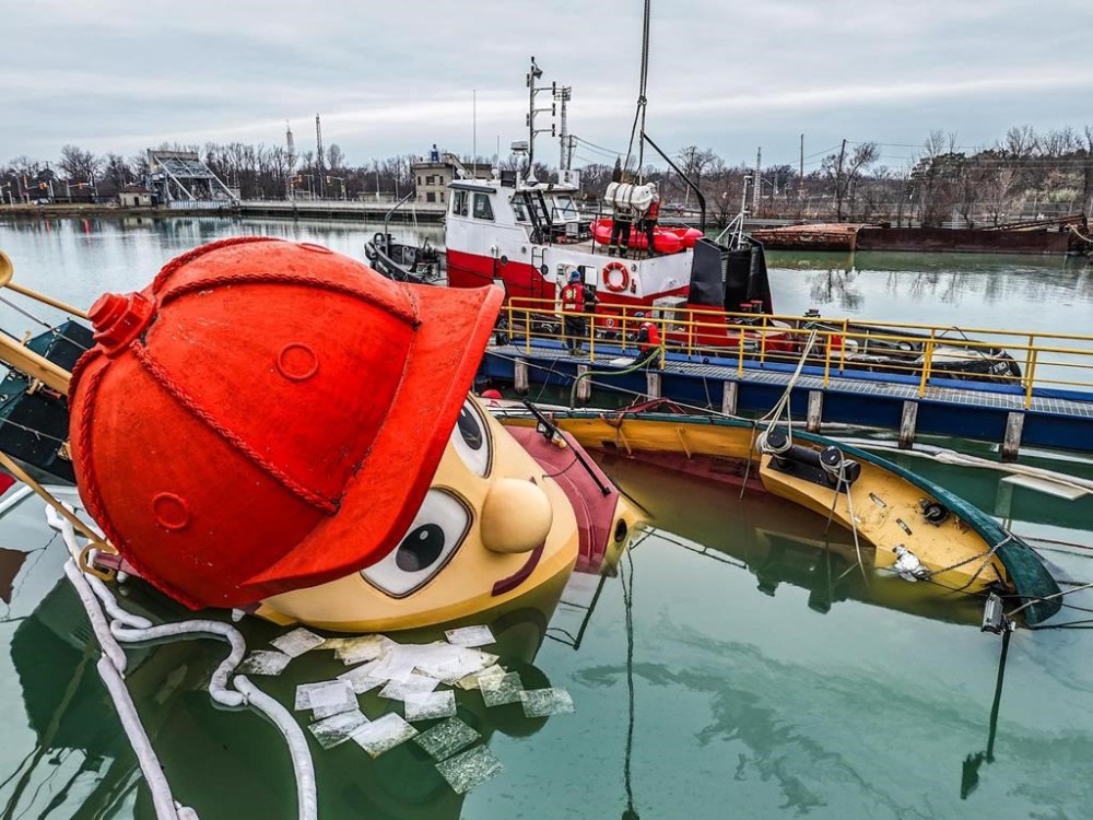 Theodore Too, the life-size replica of a TV tugboat of the same name, sits partially sunk at a dock at the Ontario Shipyard in Port Weller. Theodore Too moved to Hamilton, Ont. from Halifax in 2021. THE CANADIAN PRESS/HO-Bobby Davidson **MANDATORY CREDIT**