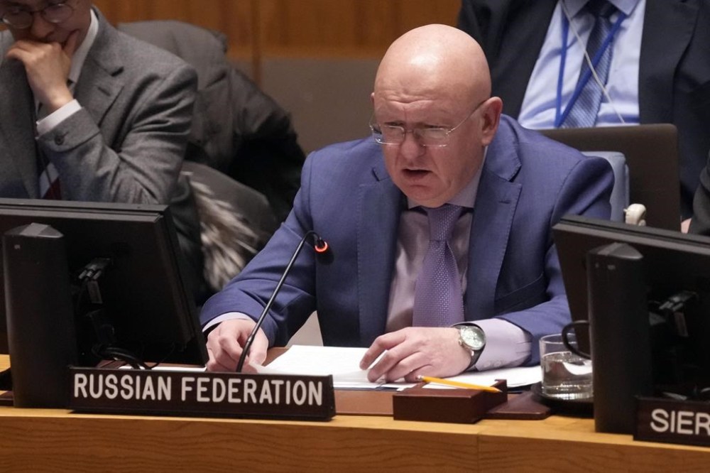Russia UN Ambassador Vasily Nebenzya addresses the United Nations Security Council, Thursday, Dec. 19, 2024. (AP Photo/Richard Drew)