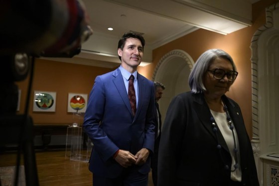 Prime Minister Justin Trudeau and Gov. Gen. Mary Simon depart after Dominic LeBlanc, not shown, was sworn in as Finance Minister on Monday. (Justin Tang / The Canadian Press files)