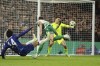 Shamrock Rovers' goalkeeper Leon Poehls, back, blocks a shot by Chelsea's Joao Felix during the Europa Conference League opening phase soccer match between Chelsea and Shamrock Rovers at Stamford Bridge stadium in London, Thursday, Dec. 19, 2024. (AP Photo/Ian Walton)