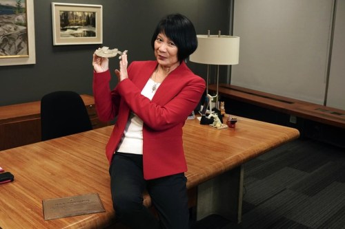 Toronto Mayor Olivia Chow holds a Star Trek model in her office in Toronto City Hall, on Thursday, Dec. 19, 2024. THE CANADIAN PRESS/Chris Young